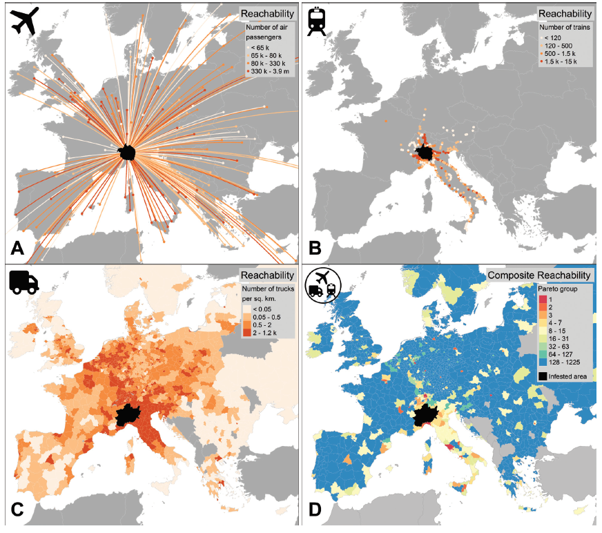 Reachability maps by the 3 transport modes (air, rail and road), and composite reachability combining transport modes.